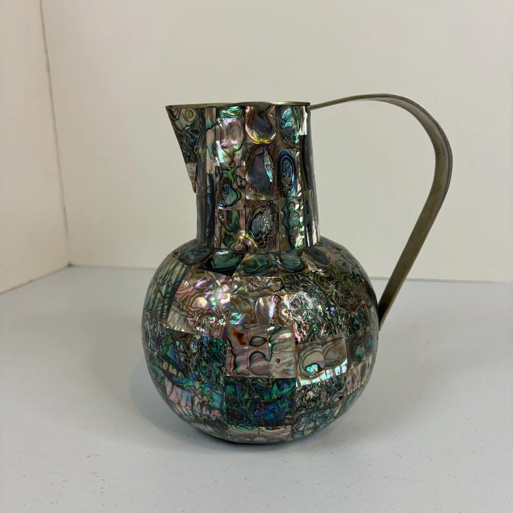 Vintage Abalone Shell Mosaic Pitcher Brass Mother of Pearl Jug Vase Decor 1960s - Picture 4 of 9